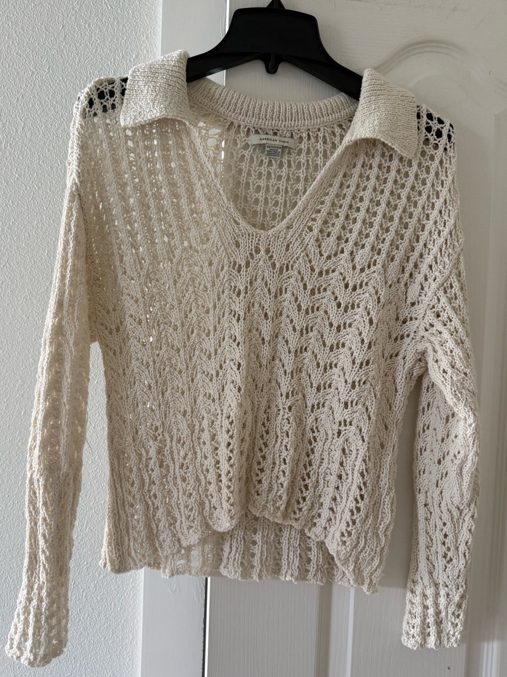American Eagle Outfitters Cream Open-Knit V-Neck Sweater with Collar